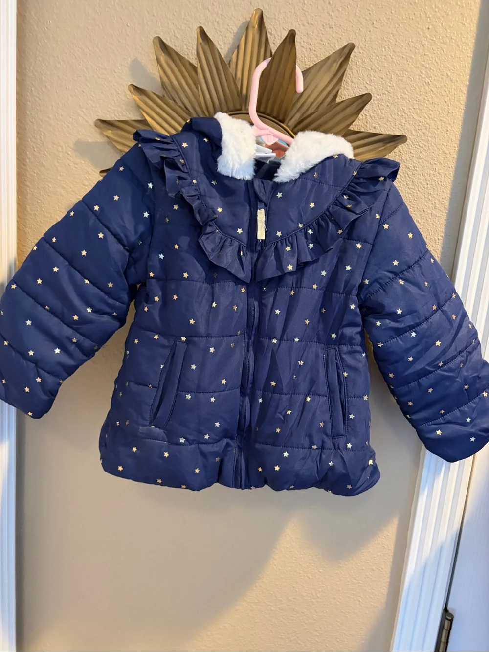 Carters Little Me Navy Gold Star White Faux Fur Ruffle Puffer Coat 24 Months